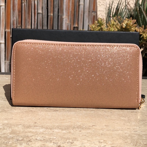 BEBE Rose Gold Sparkle Faux Leather Wristlet / Clutch / Wallet 8"x 4" - Picture 10 of 12
